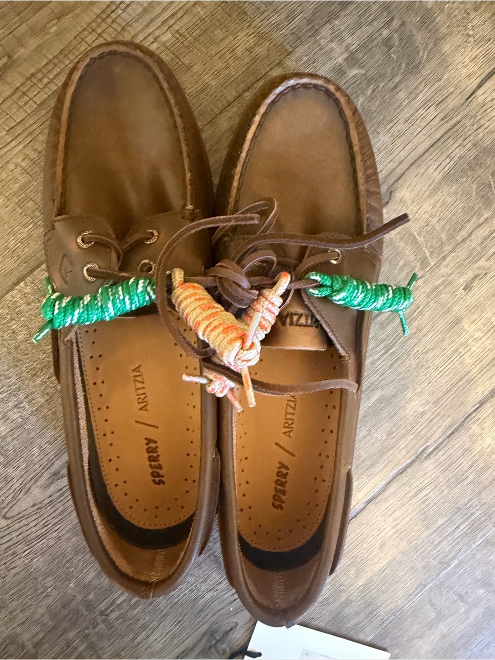 Sperry Brown Leather Boat Shoes with Green and Orange Laces